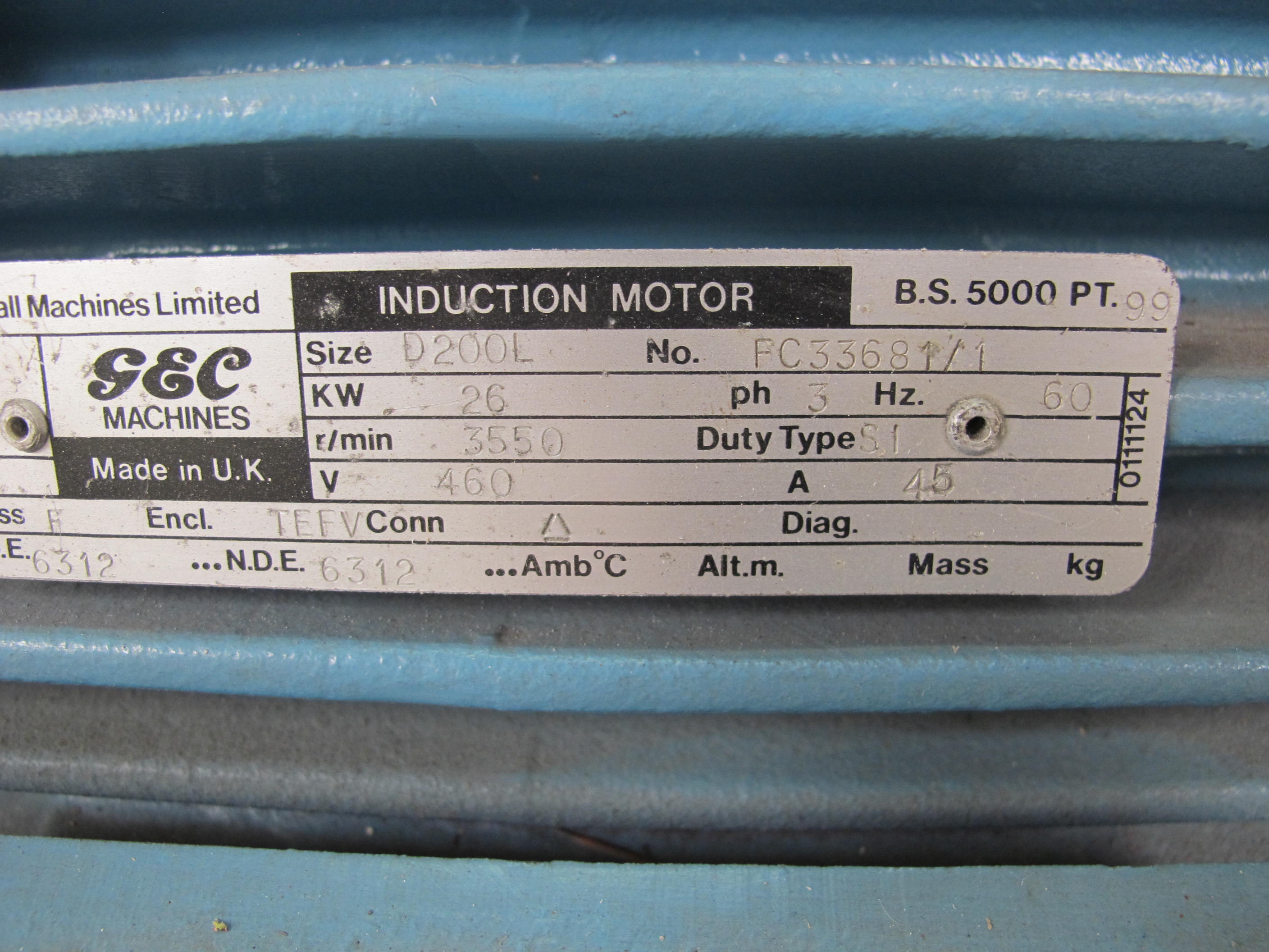 MOTOR, PUMP TYPE, EMERGENCY SPRAY WATER APPLICATION, INDUCTION KIND, 460VAC 3 PHASE 60HZ 45A, 3550 RPM OTHER. D200L FRAME, TEFC ENCLOSURE, CONTINUOUS DUTY, 1.15 SERVICE FACTOR, 2-1/8" DIA SHAFT, WITH SLOT KEY, INSULATION CLASS F, 80 DEGREE C MAXIMUM TEMPERATURE RISE, HORIZONTAL FOOT MOUNTED, PART # FC33681/1 (W-44) LOADING & HANDLING FEE $15-